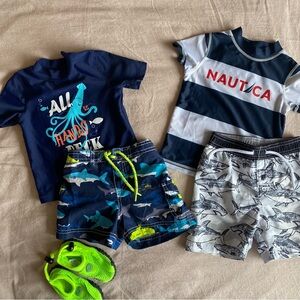 Lot of 2 Toddler Boy Swim Suit Sets with matching shoes, 18 month, UPF Rashguard